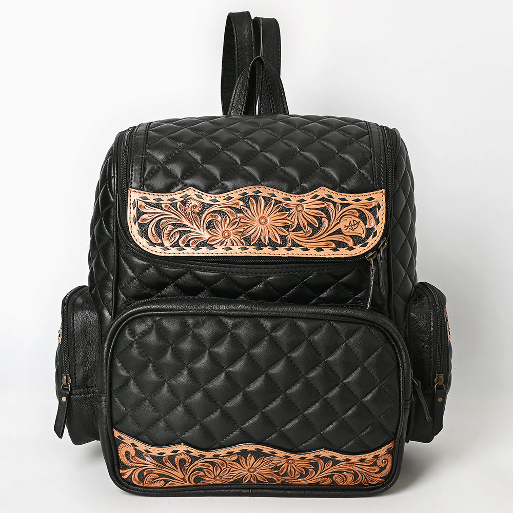 ADBG1674 Black Quilted Leather Backpack with Floral Tooled Accents - American Darling