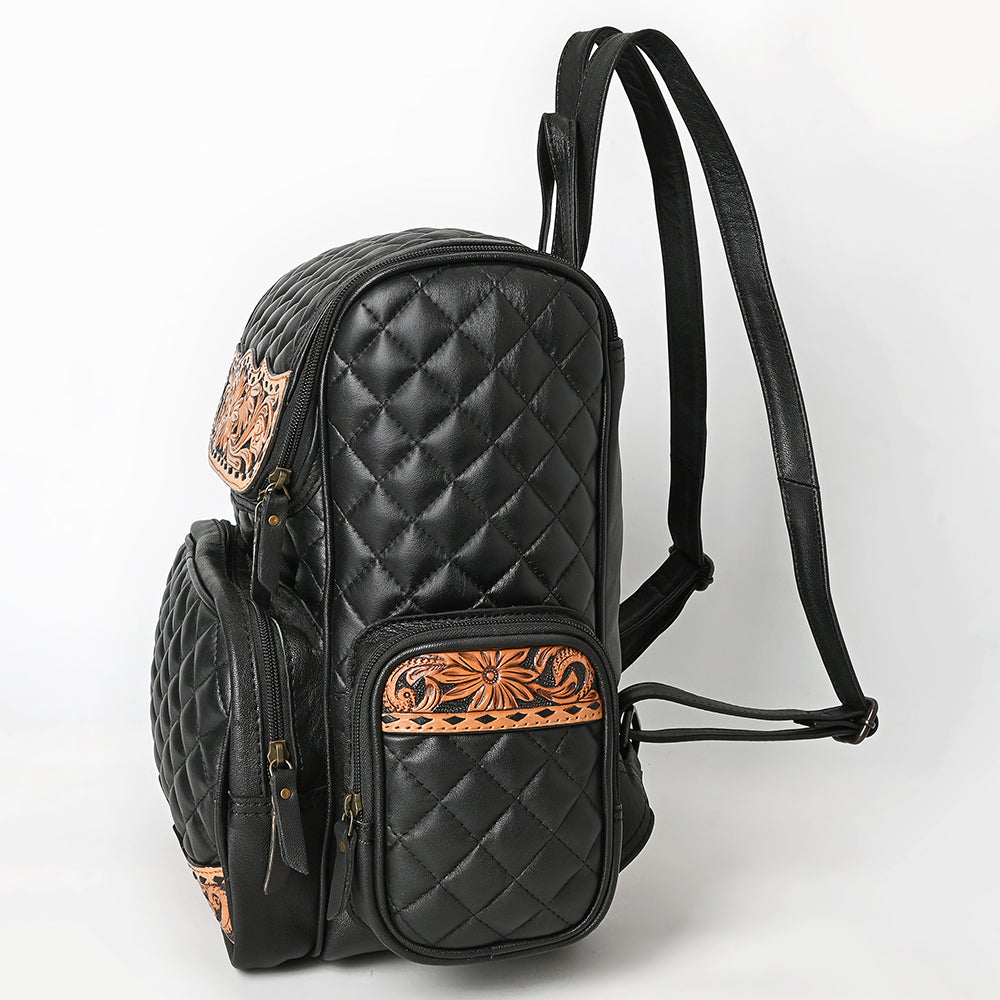 ADBG1674 Black Quilted Leather Backpack with Floral Tooled Accents - American Darling