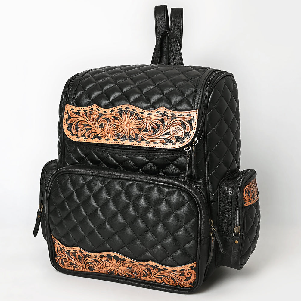 ADBG1674 Black Quilted Leather Backpack with Floral Tooled Accents - American Darling