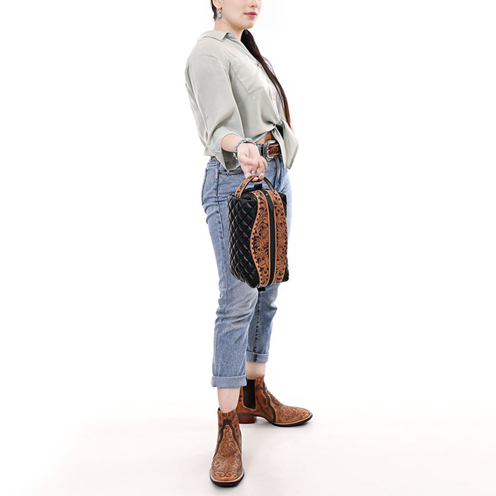 ADBG1675 Western Hand-Tooled Leather Toiletry Bag - Travel Dopp Kit by American Darling