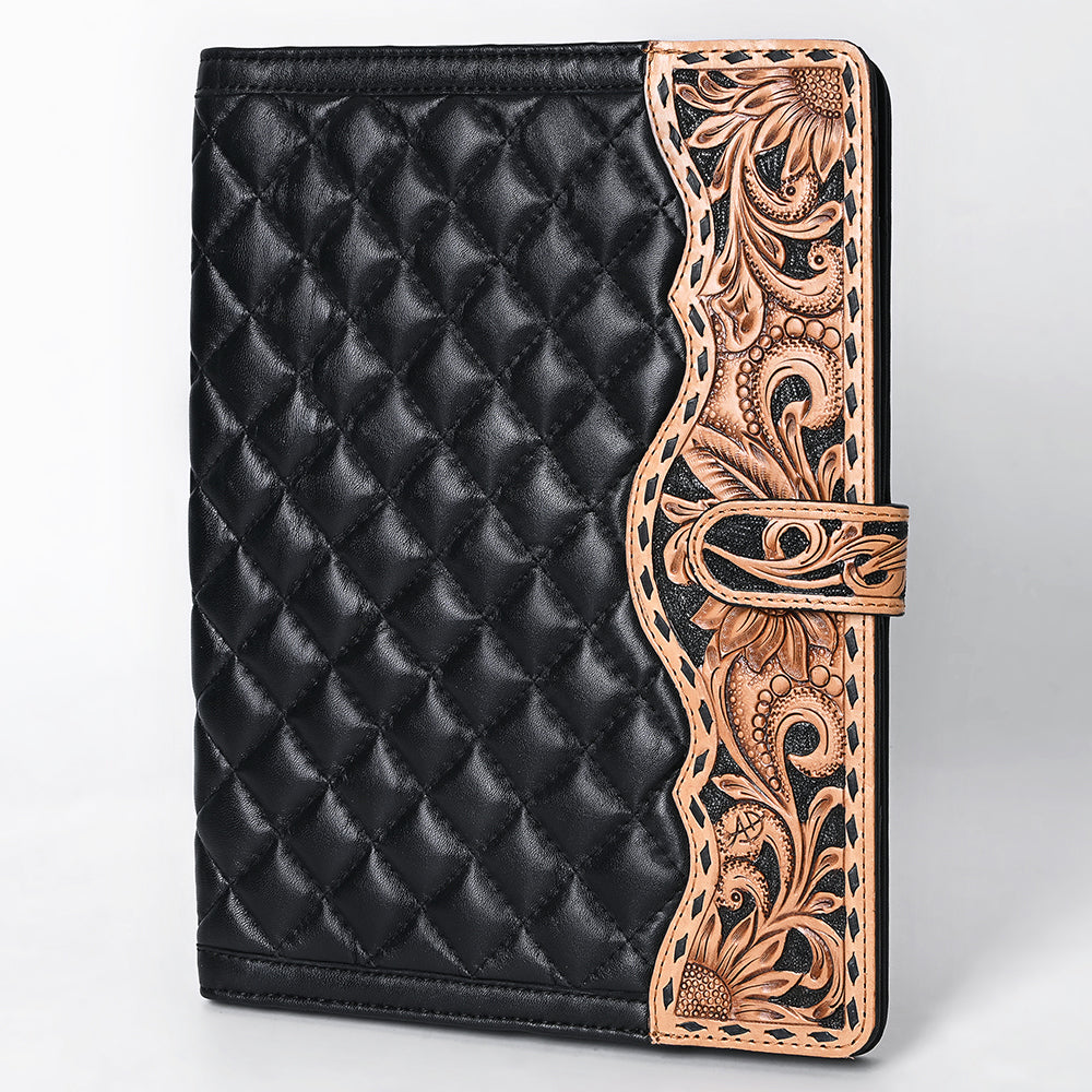 ADBG1676 Black Quilted Leather Journal Cover with Tooled Floral Edge - American Darling