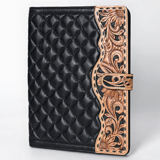 ADBG1676 Black Quilted Leather Journal Cover with Tooled Floral Edge - American Darling