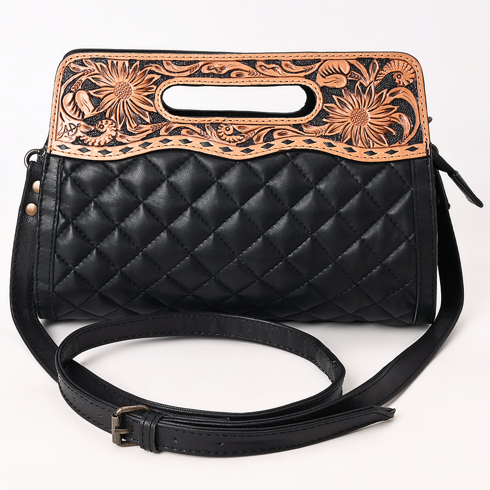 ADBG1677 Black Quilted Leather Cut-Out Clutch Bag with Floral Tooled Top - American Darling