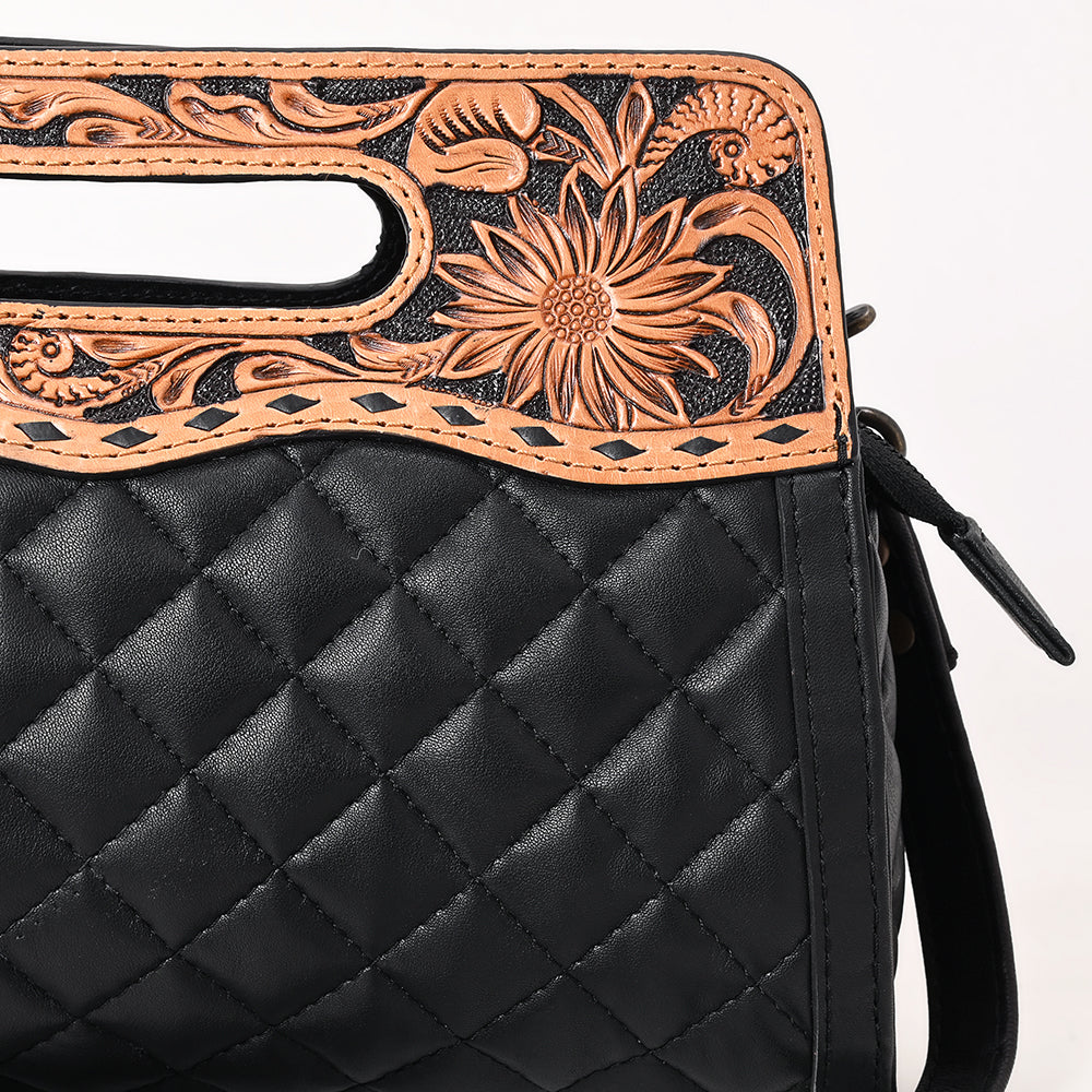 ADBG1677 Black Quilted Leather Cut-Out Clutch Bag with Floral Tooled Top - American Darling