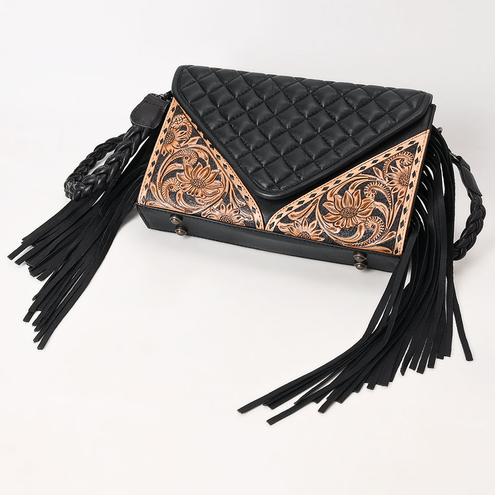ADBG1678 Black Quilted Leather Fringe Wallet with Tooled Corners - American Darling
