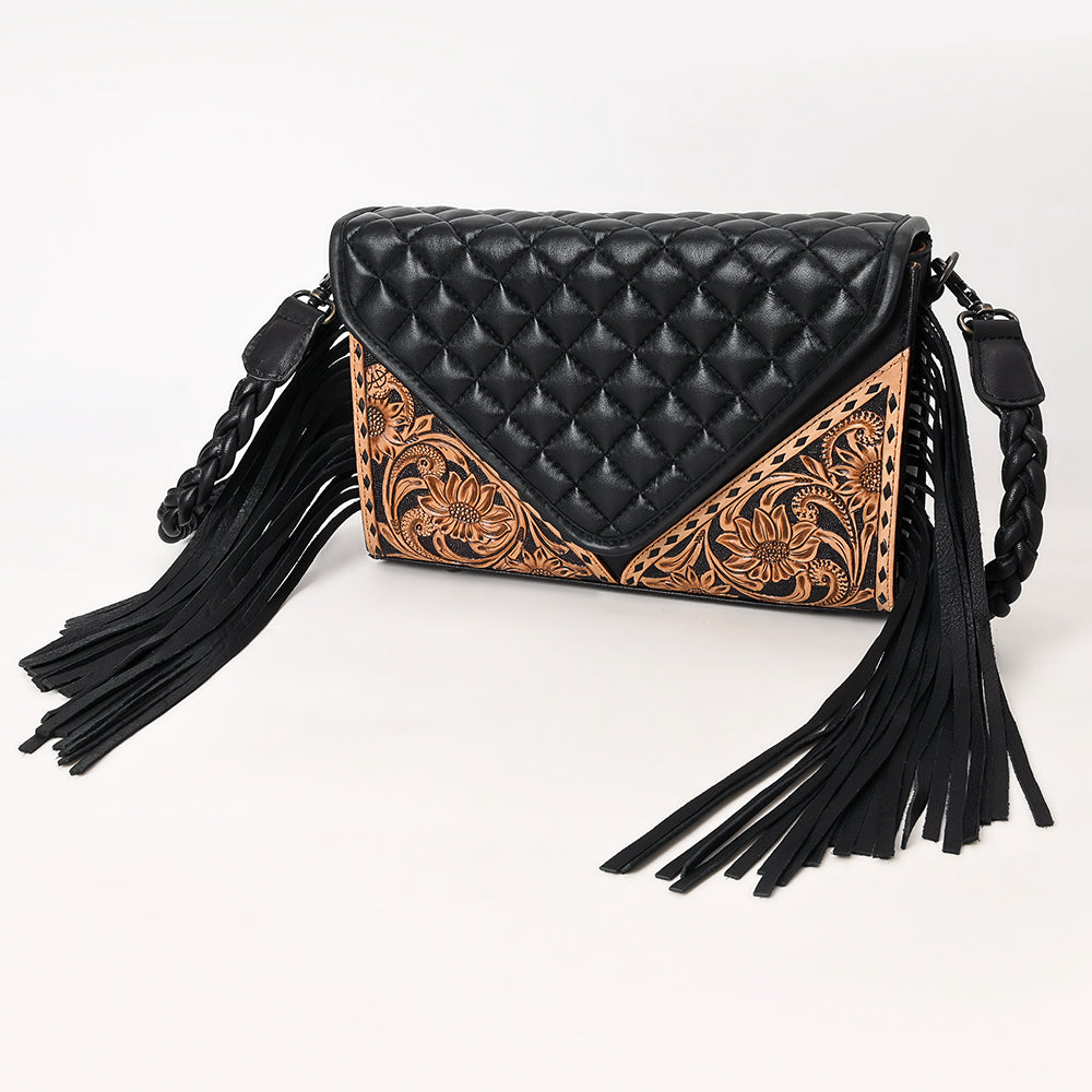 ADBG1678 Black Quilted Leather Fringe Wallet with Tooled Corners - American Darling