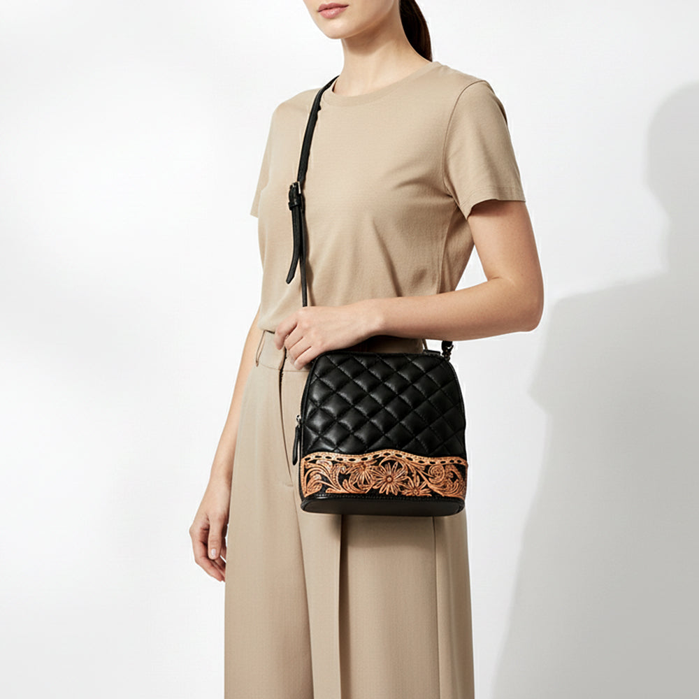 ADBG1679 Quilted Leather Crossbody Bag with Floral Tooled Border - American Darling