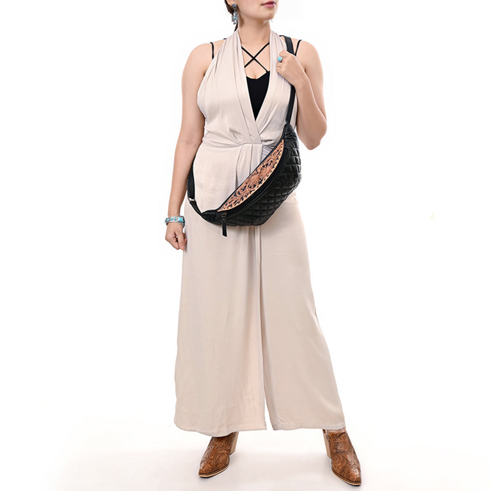 ADBG1680 Black Quilted Leather Fanny Bag with Floral Tooled Top - American Darling