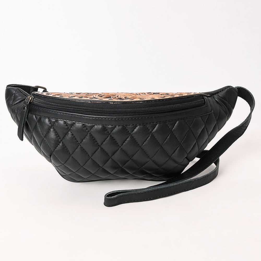 ADBG1680 Black Quilted Leather Fanny Bag with Floral Tooled Top - American Darling