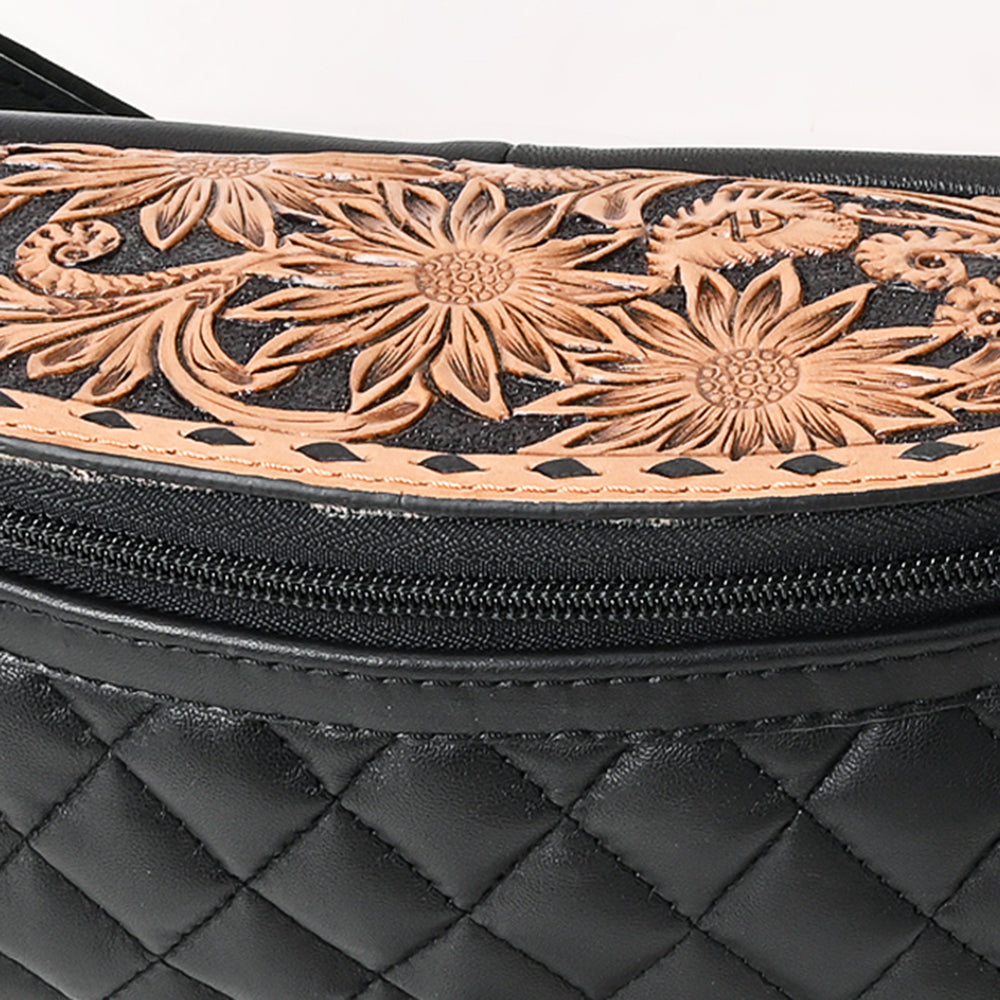 ADBG1680 Black Quilted Leather Fanny Bag with Floral Tooled Top - American Darling