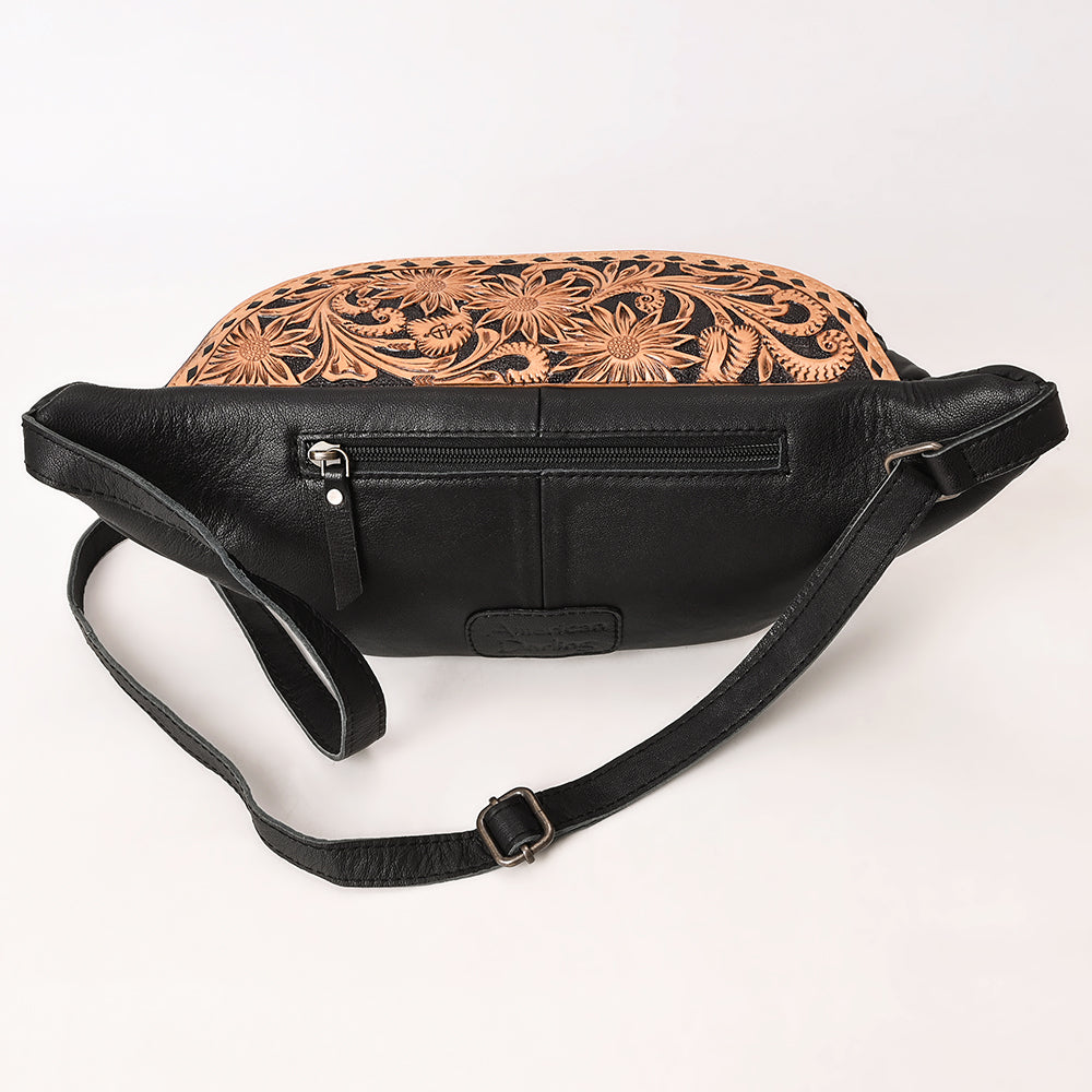 ADBG1680 Black Quilted Leather Fanny Bag with Floral Tooled Top - American Darling