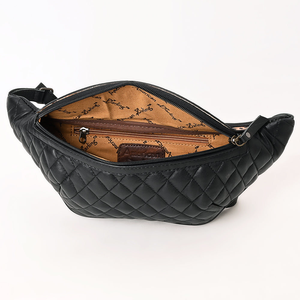 ADBG1680 Black Quilted Leather Fanny Bag with Floral Tooled Top - American Darling