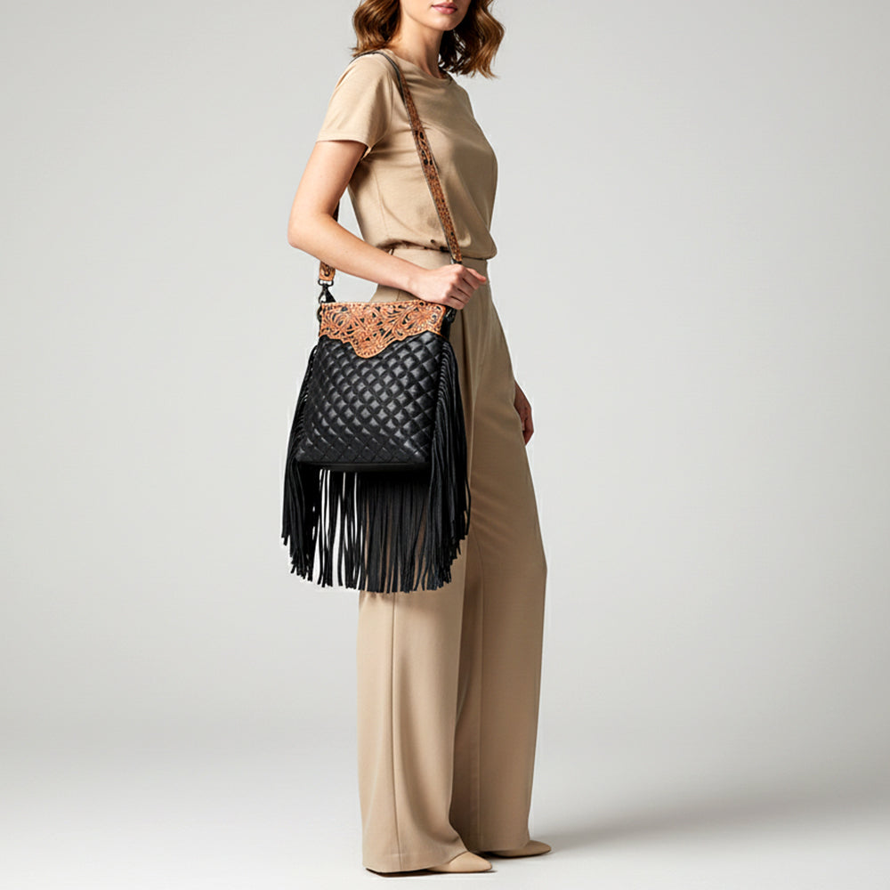 ADBG1682 Black Quilted Leather Fringe Crossbody with Floral Tooled Yoke & Strap - American Darling