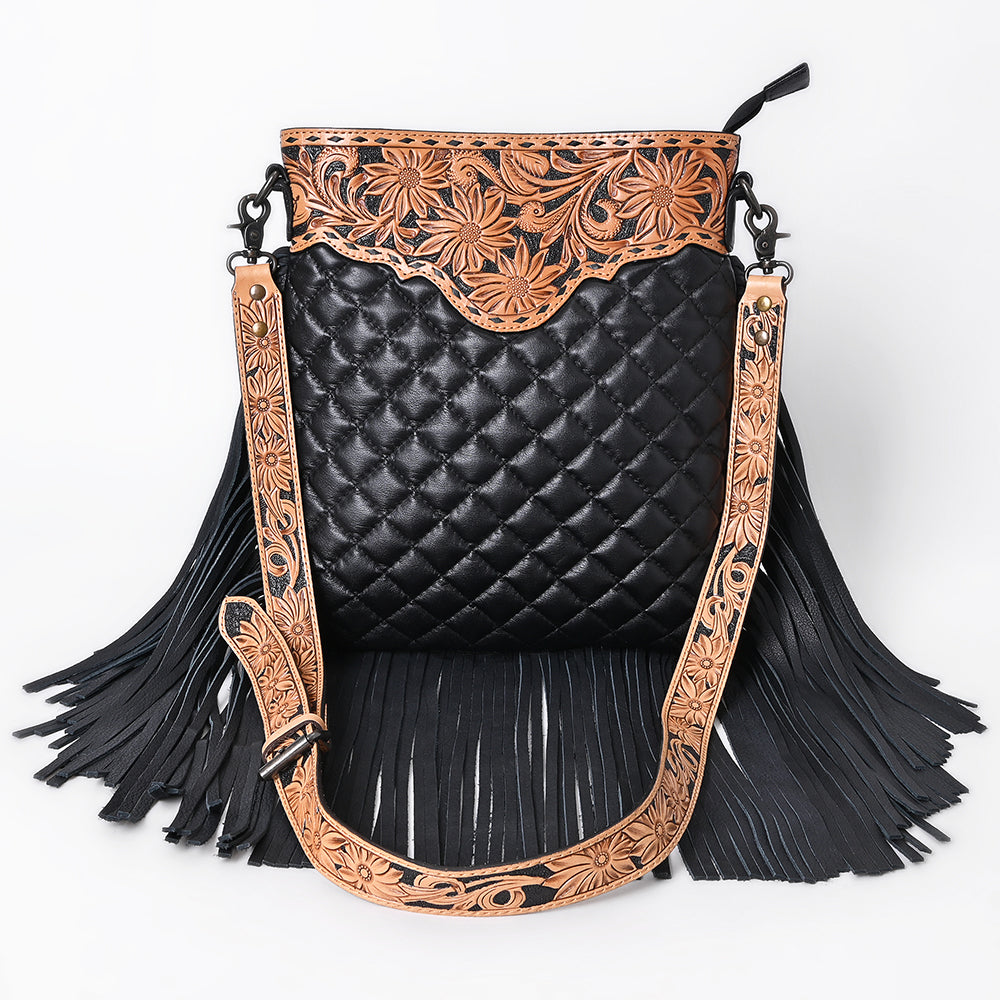 ADBG1682 Black Quilted Leather Fringe Crossbody with Floral Tooled Yoke & Strap - American Darling