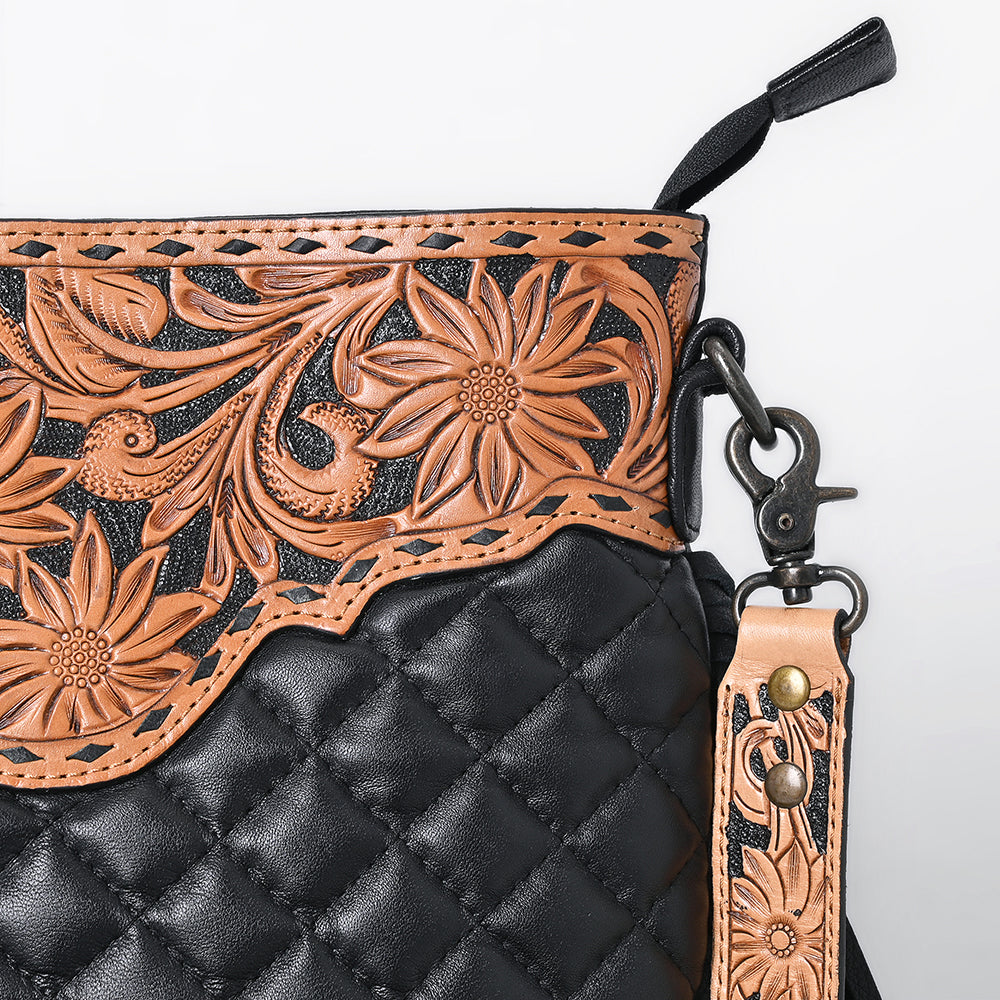 ADBG1682 Black Quilted Leather Fringe Crossbody with Floral Tooled Yoke & Strap - American Darling