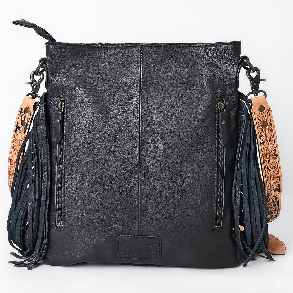ADBG1682 Black Quilted Leather Fringe Crossbody with Floral Tooled Yoke & Strap - American Darling