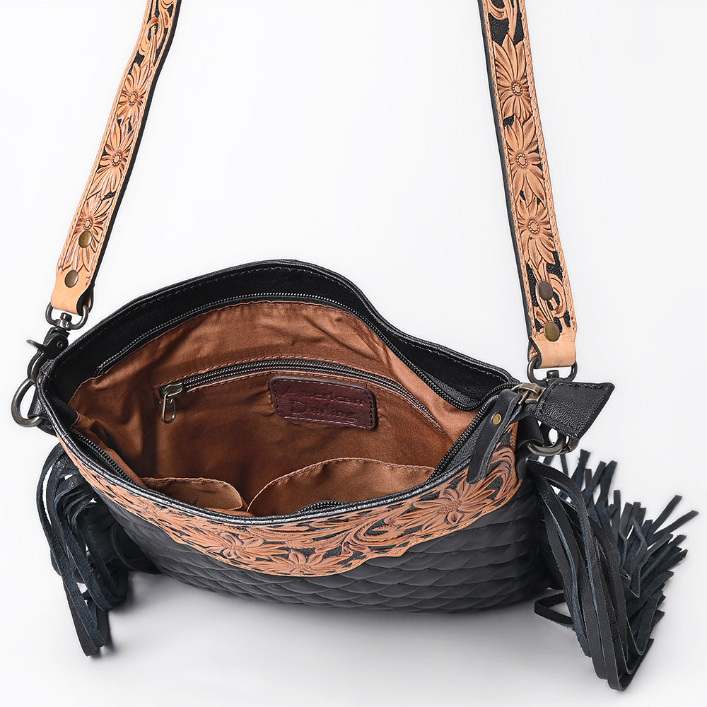 ADBG1682 Black Quilted Leather Fringe Crossbody with Floral Tooled Yoke & Strap - American Darling