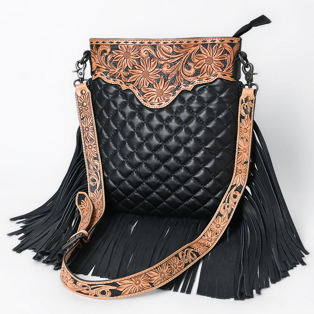 ADBG1682 Black Quilted Leather Fringe Crossbody with Floral Tooled Yoke & Strap - American Darling