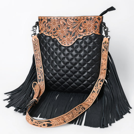 ADBG1682 Black Quilted Leather Fringe Crossbody with Floral Tooled Yoke & Strap - American Darling