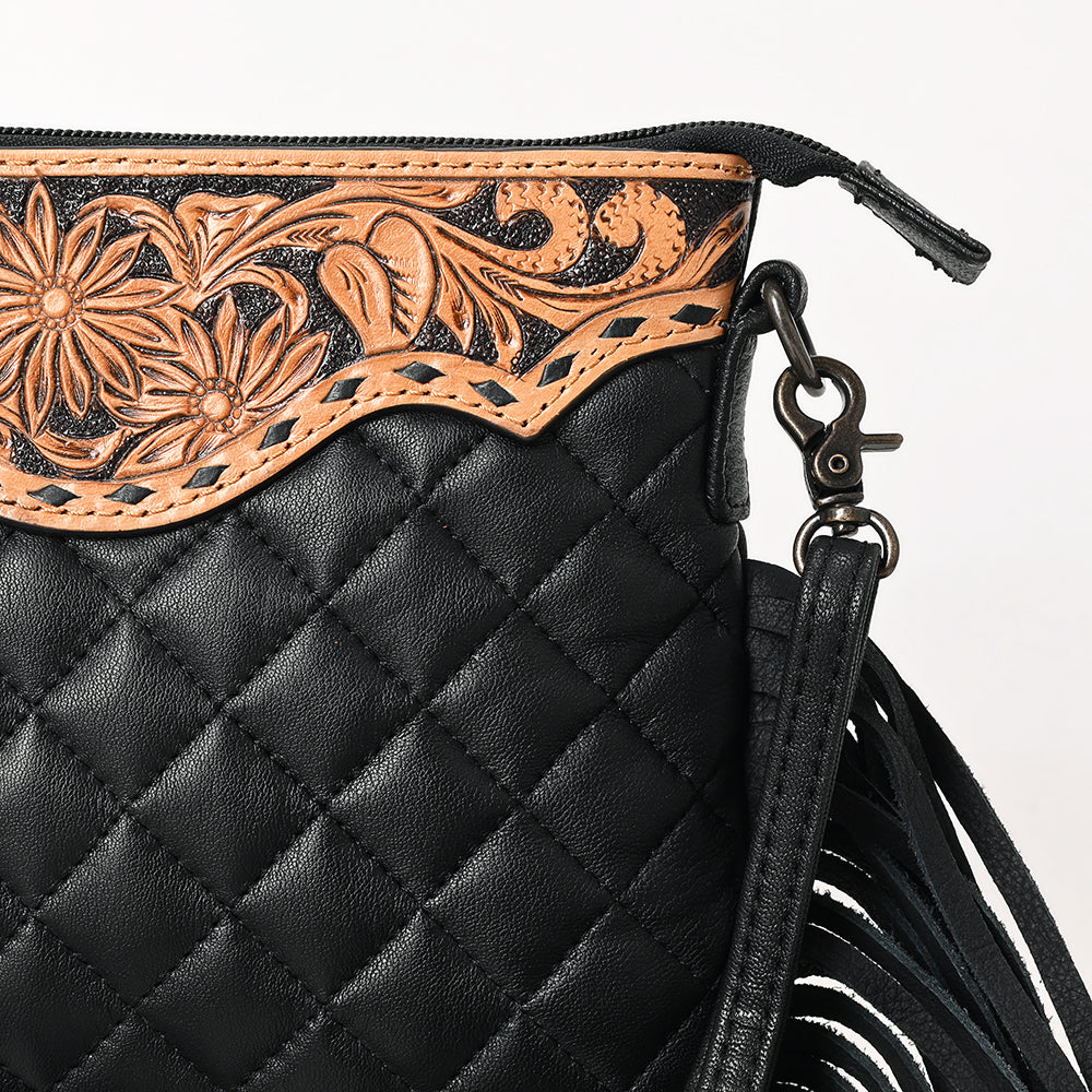 ADBG1683 Black Quilted Leather Fringe Crossbody with Tooled Floral Top - American Darling