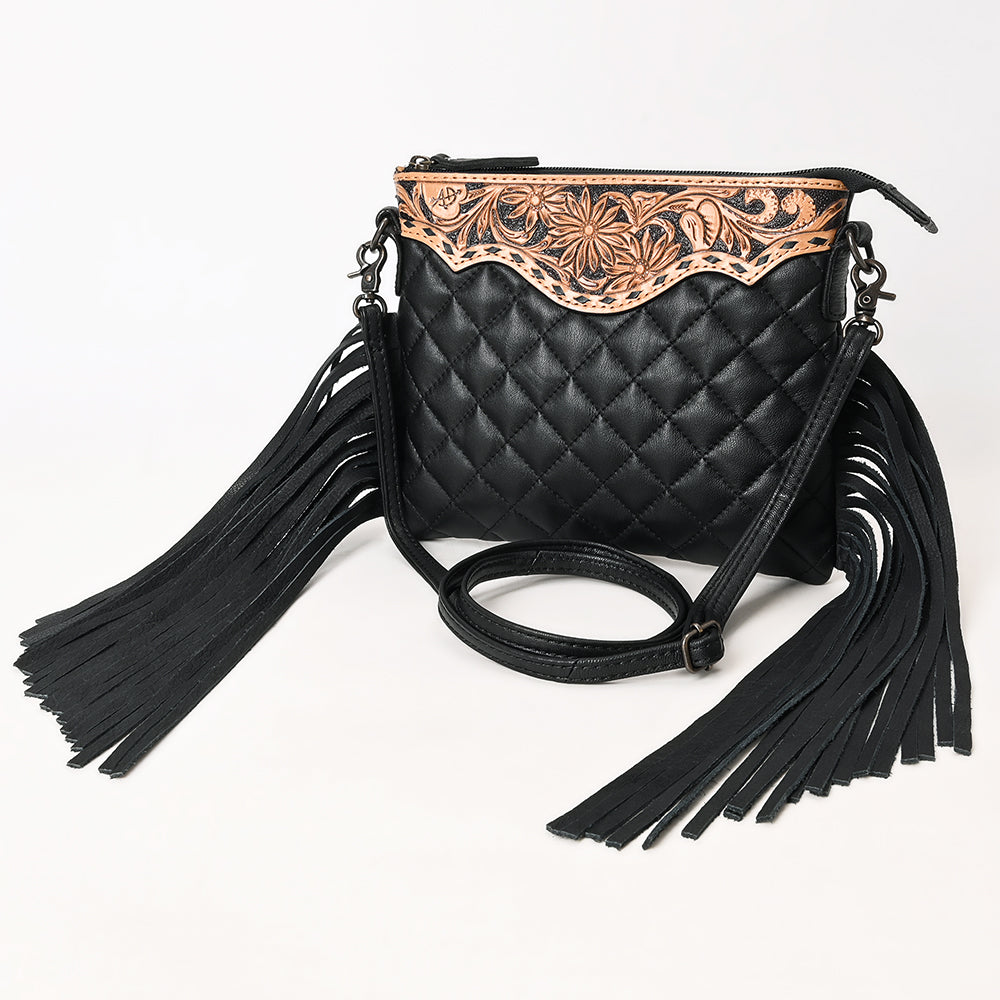 ADBG1683 Black Quilted Leather Fringe Crossbody with Tooled Floral Top - American Darling