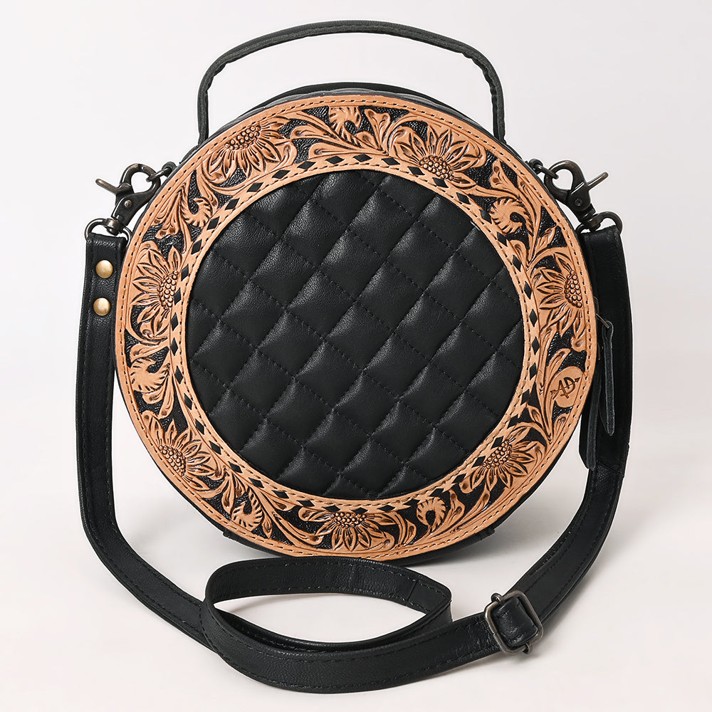 ADBG1684 Round Black Quilted Leather Canteen Bag with Floral Tooled Border - American Darling