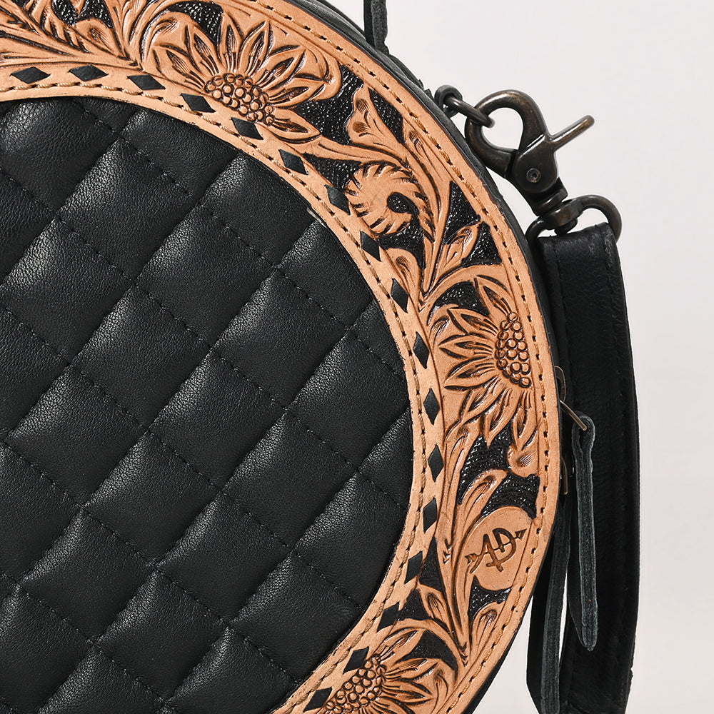 ADBG1684 Round Black Quilted Leather Canteen Bag with Floral Tooled Border - American Darling