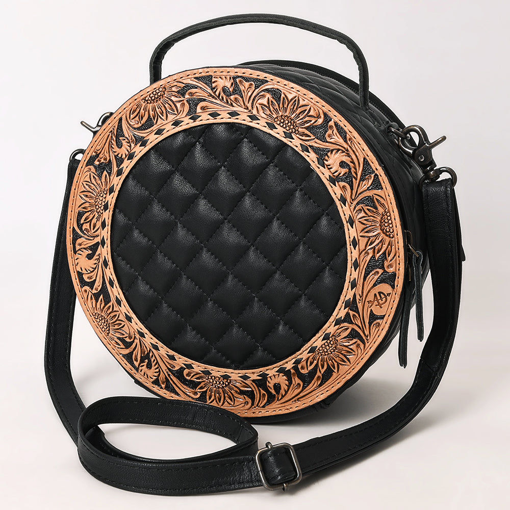 ADBG1684 Round Black Quilted Leather Canteen Bag with Floral Tooled Border - American Darling