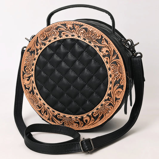 ADBG1684 Round Black Quilted Leather Canteen Bag with Floral Tooled Border - American Darling