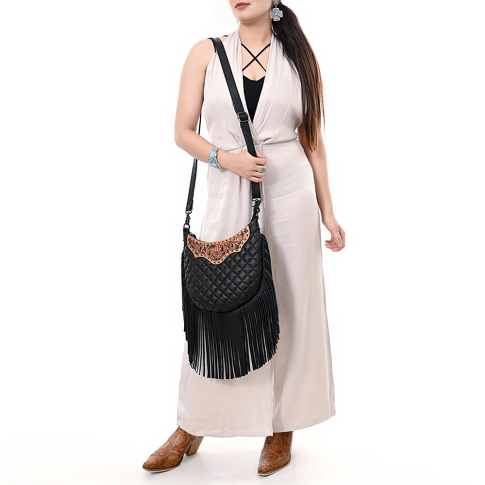 ADBG1686 Black Quilted Leather Fringe Large Crossbody Bag with Tooled Floral Yoke - American Darling