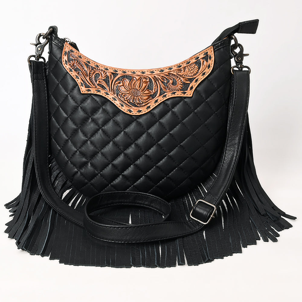 ADBG1686 Black Quilted Leather Fringe Large Crossbody Bag with Tooled Floral Yoke - American Darling