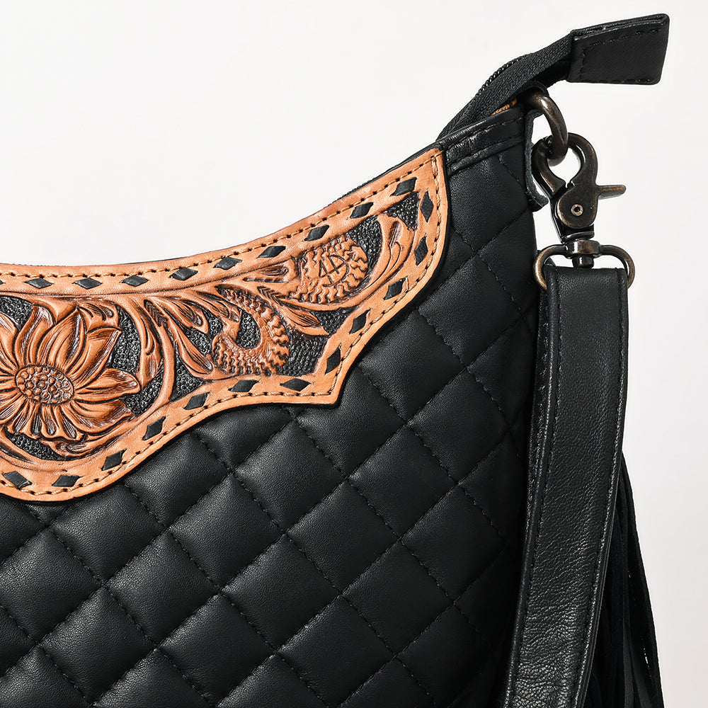 ADBG1686 Black Quilted Leather Fringe Large Crossbody Bag with Tooled Floral Yoke - American Darling
