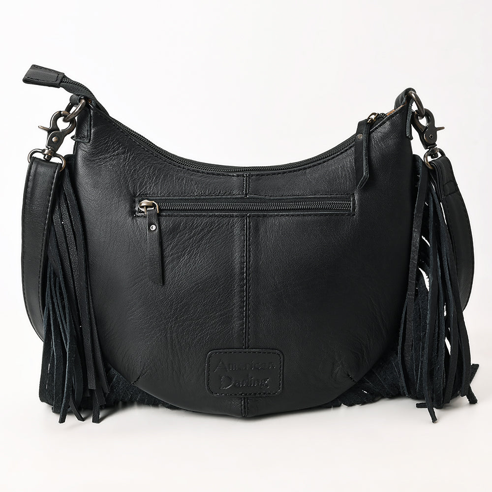 ADBG1686 Black Quilted Leather Fringe Large Crossbody Bag with Tooled Floral Yoke - American Darling