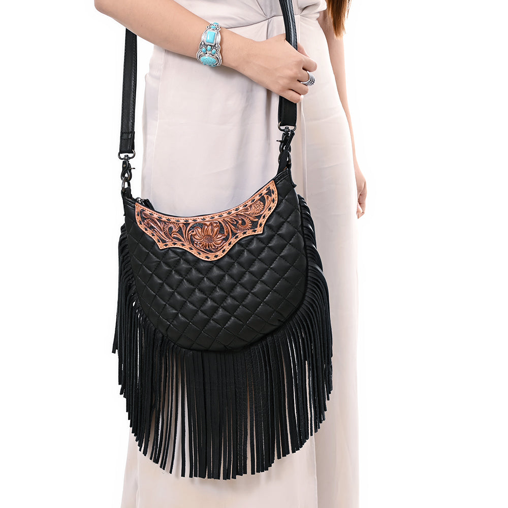 ADBG1686 Black Quilted Leather Fringe Large Crossbody Bag with Tooled Floral Yoke - American Darling