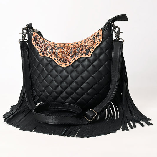 ADBG1686 Black Quilted Leather Fringe Large Crossbody Bag with Tooled Floral Yoke - American Darling