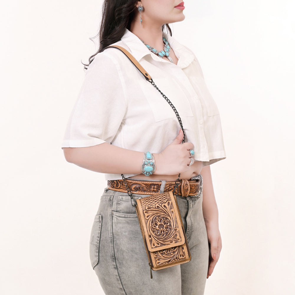 ADBGZ914 Tan Hand-Tooled Genuine Leather Cellphone Holder with Floral & Basketweave Design