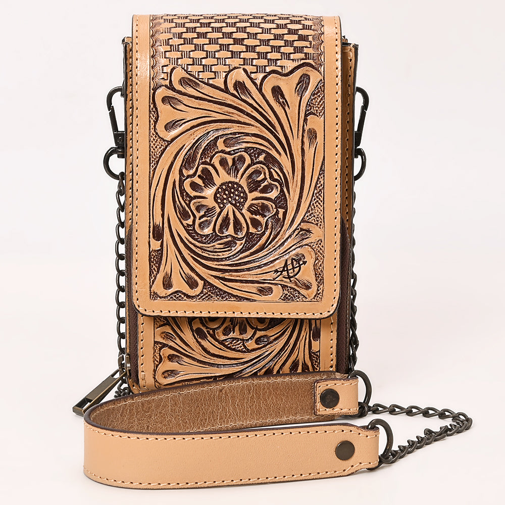 ADBGZ914 Tan Hand-Tooled Genuine Leather Cellphone Holder with Floral & Basketweave Design