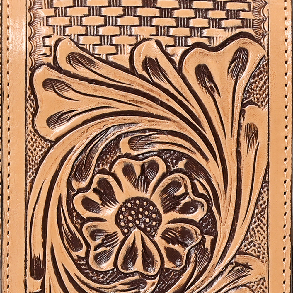 ADBGZ914 Tan Hand-Tooled Genuine Leather Cellphone Holder with Floral & Basketweave Design