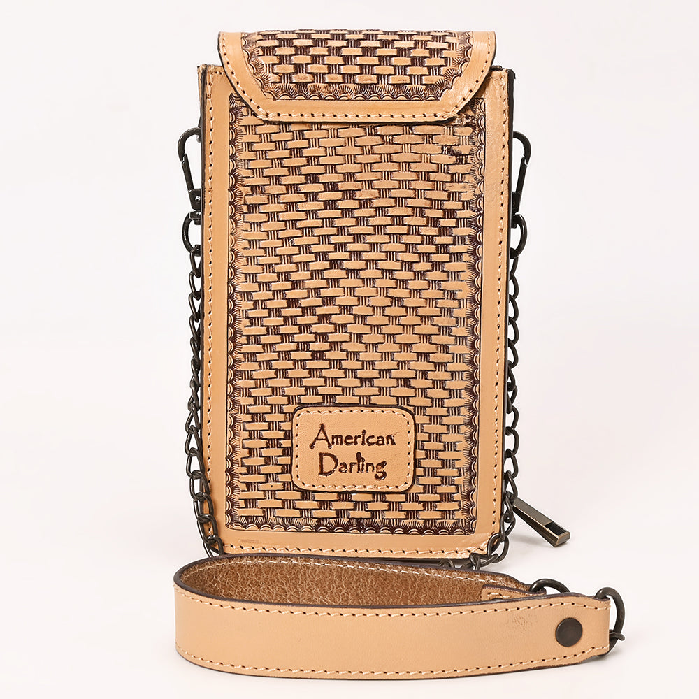 ADBGZ914 Tan Hand-Tooled Genuine Leather Cellphone Holder with Floral & Basketweave Design