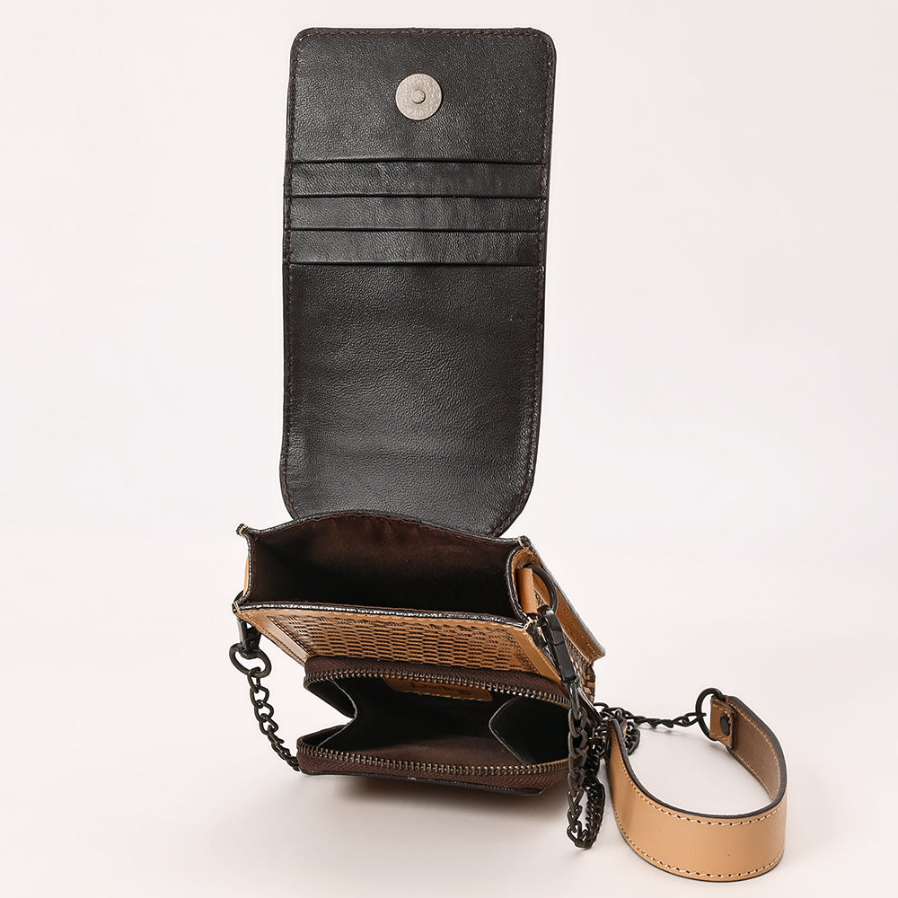 ADBGZ914 Tan Hand-Tooled Genuine Leather Cellphone Holder with Floral & Basketweave Design