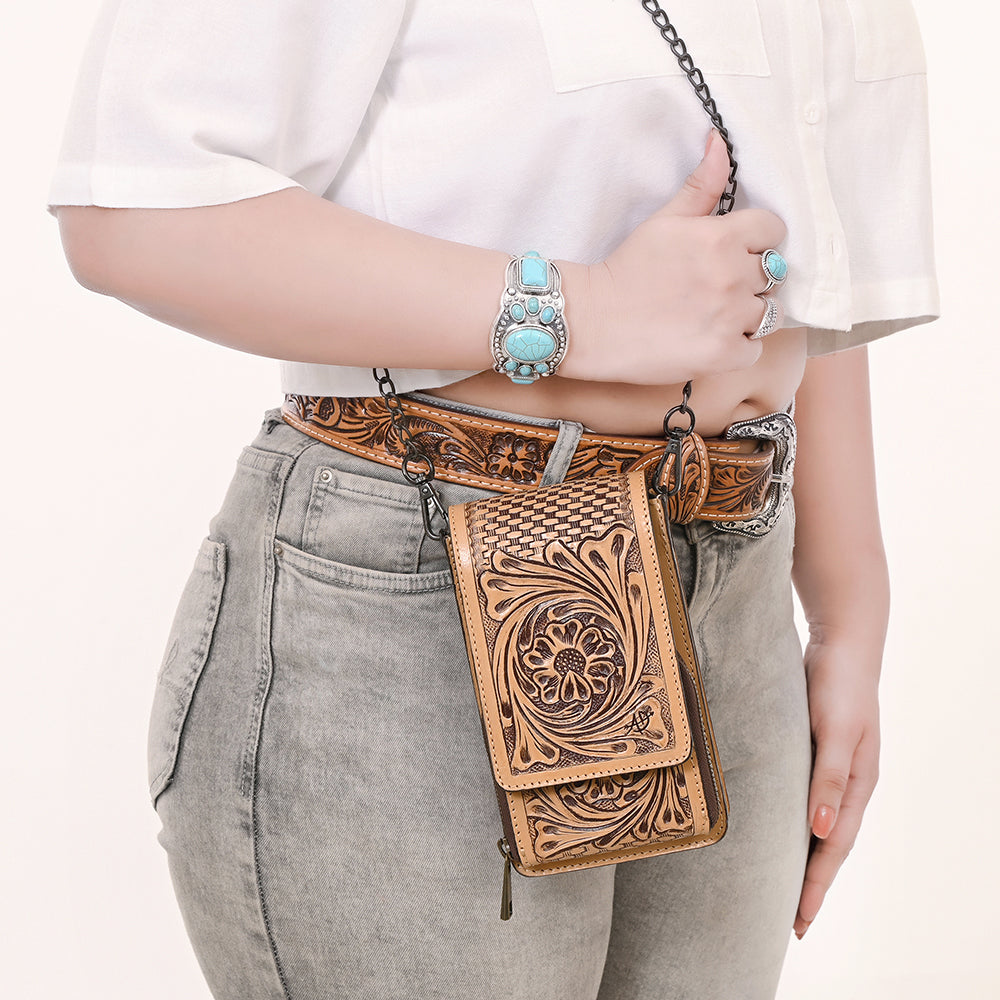 ADBGZ914 Tan Hand-Tooled Genuine Leather Cellphone Holder with Floral & Basketweave Design