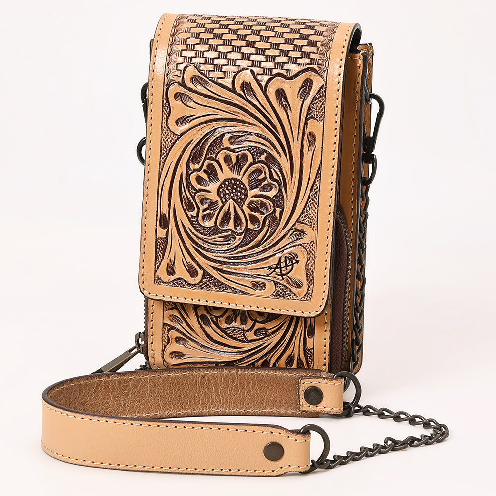 ADBGZ914 Tan Hand-Tooled Genuine Leather Cellphone Holder with Floral & Basketweave Design