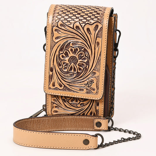 ADBGZ914 Tan Hand-Tooled Genuine Leather Cellphone Holder with Floral & Basketweave Design