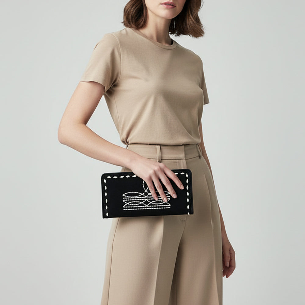 ADBG1687A Black Genuine suede Leather Wallet with White Whipstitch Embroidery - Western Style