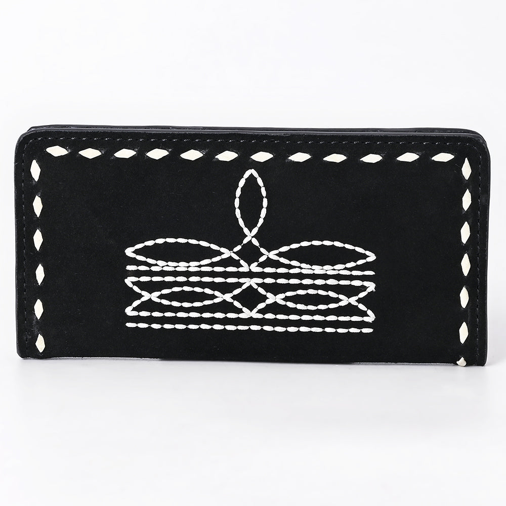 ADBG1687A Black Genuine suede Leather Wallet with White Whipstitch Embroidery - Western Style