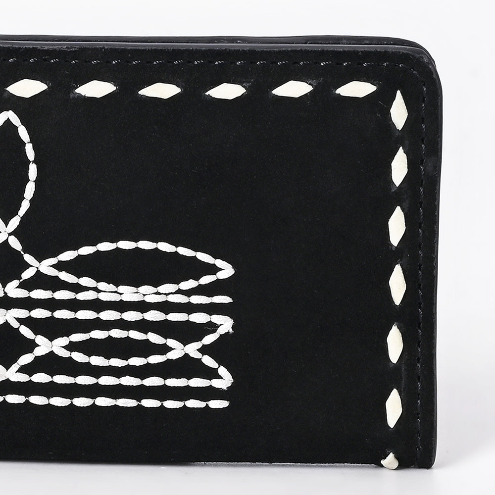 ADBG1687A Black Genuine suede Leather Wallet with White Whipstitch Embroidery - Western Style