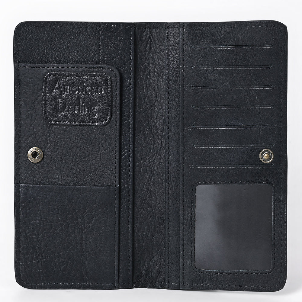 ADBG1687A Black Genuine suede Leather Wallet with White Whipstitch Embroidery - Western Style