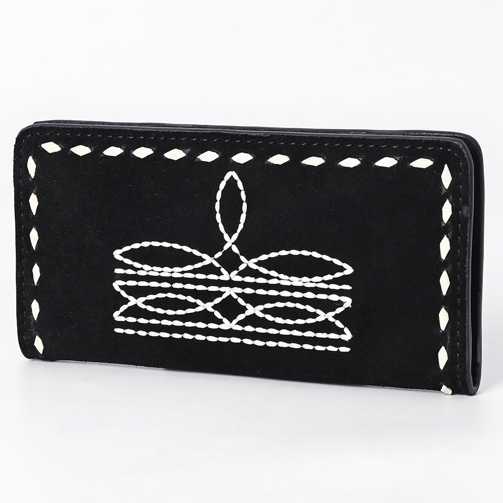 ADBG1687A Black Genuine suede Leather Wallet with White Whipstitch Embroidery - Western Style
