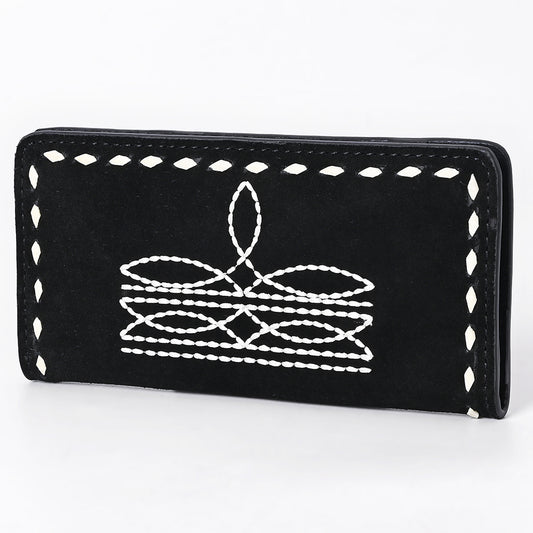 ADBG1687A Black Genuine suede Leather Wallet with White Whipstitch Embroidery - Western Style