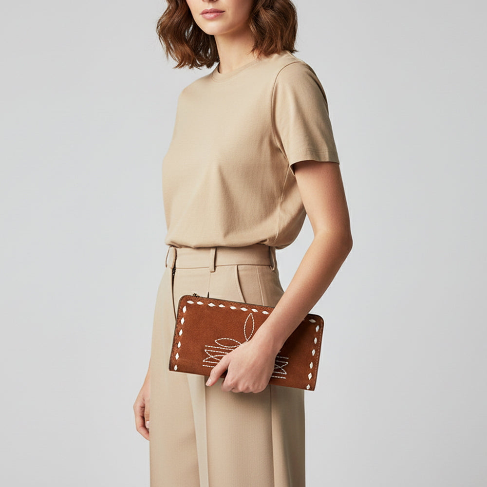 ADBG1687 Genuine suede Leather Wallet with White Whipstitch Embroidery - Western Style